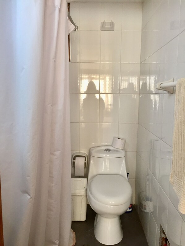 A small, clean bathroom with a toilet, a trash bin, and a towel rack.