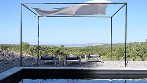Une piscine avec vue sur un vignoble et sur des collines lointaines.
