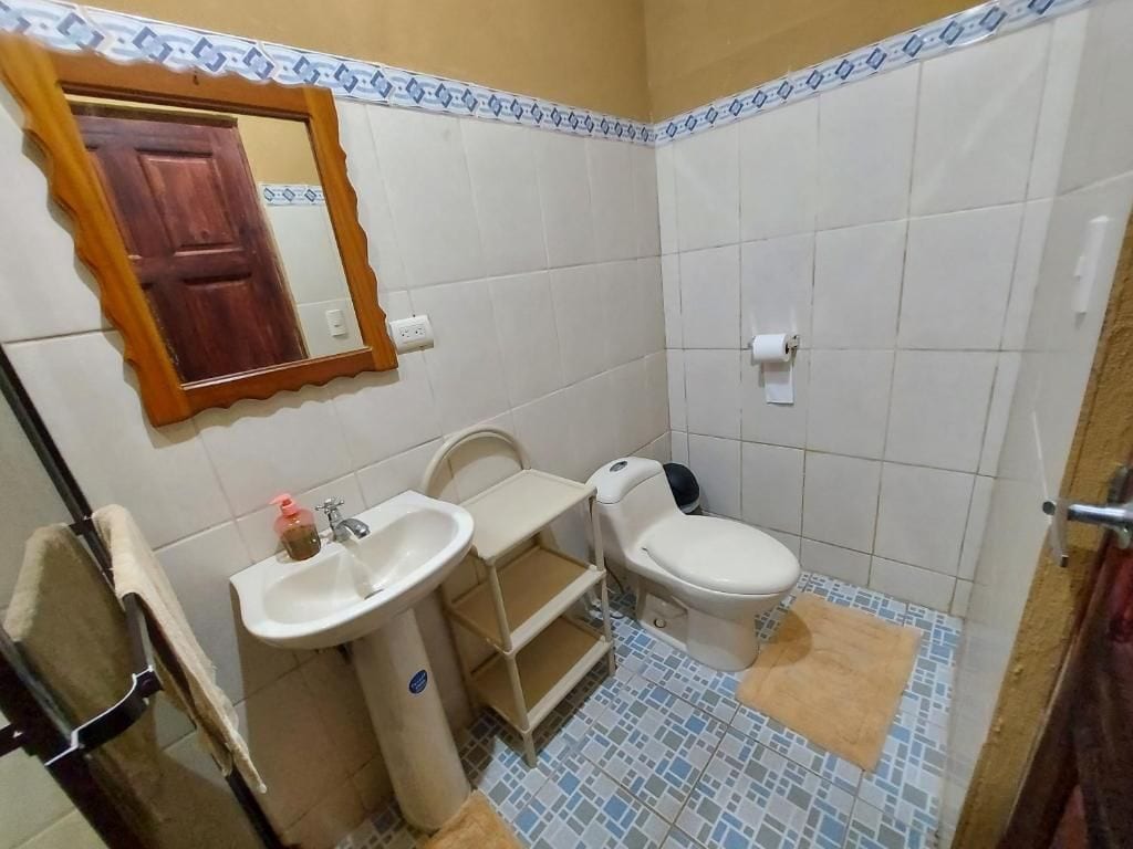 Un baño pequeño con lavamanos, inodoro y espejo.