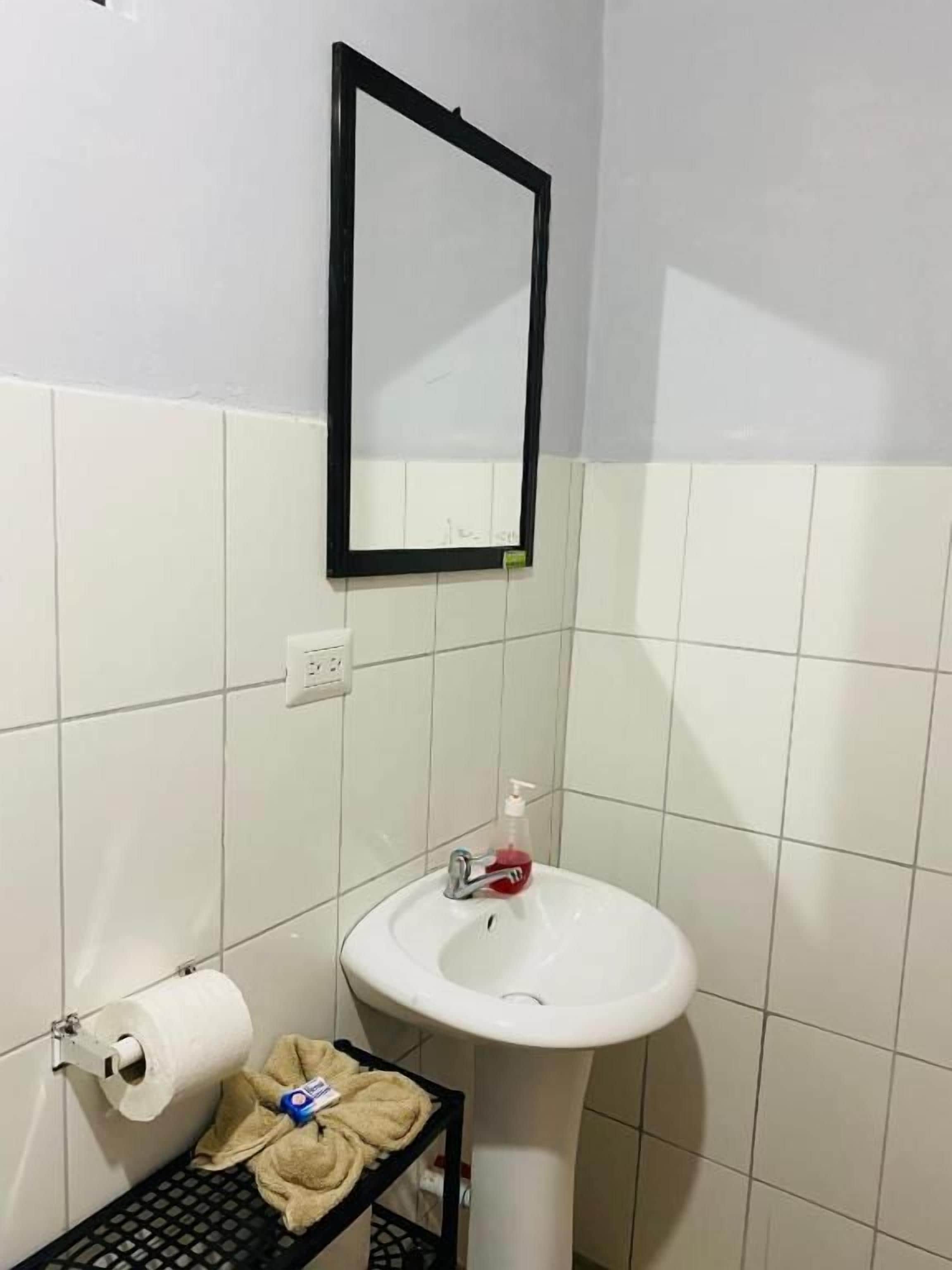 Un baño con lavamanos blanco, espejo, toallero y dispensador de papel higiénico.