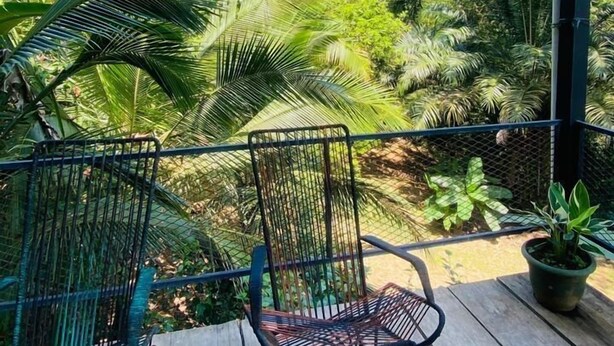 A wooden deck with two metal chairs and a potted plant.