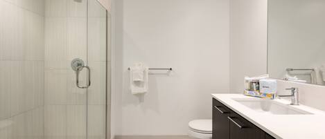 A modern bathroom with a glass shower enclosure, a toilet, and a vanity with a mirror.