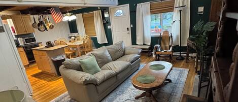 42-inch TV with cable channels, fireplace, DVD player