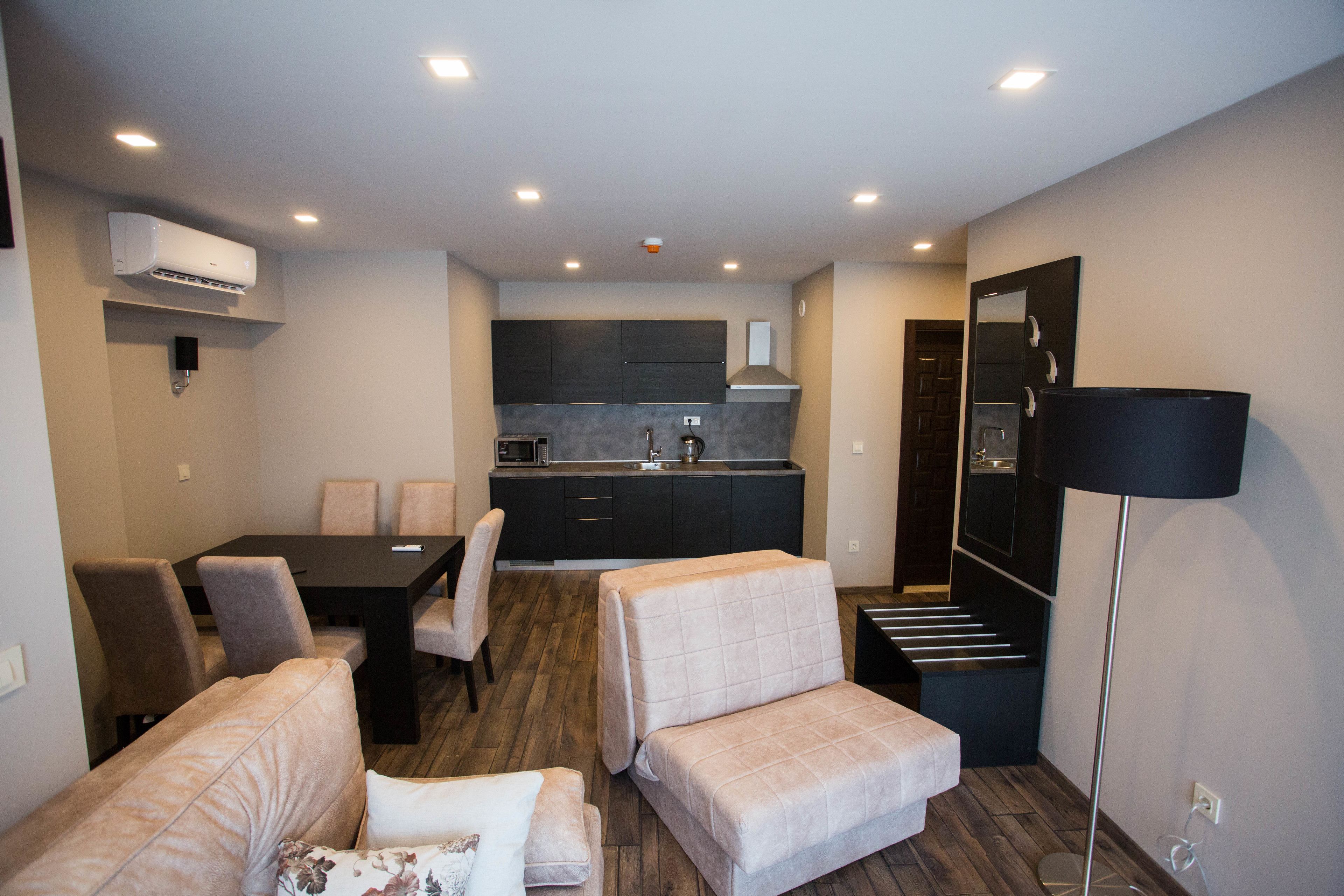 Un espace de vie compact comprenant un coin cuisine, un coin repas et un espace détente avec des canapés et des fauteuils.