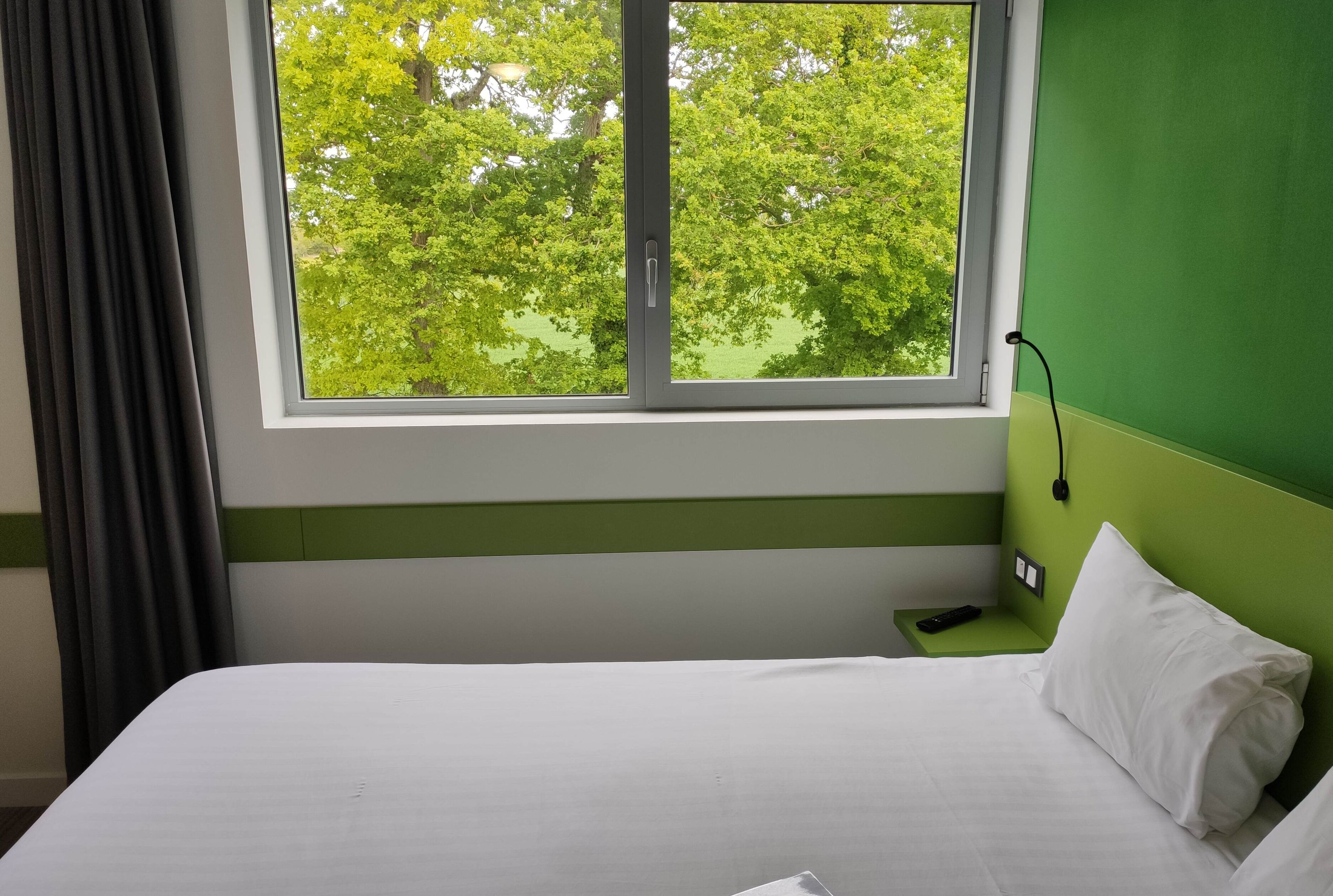 A hotel room with a bed, a window with a view of trees, a green wall, and a bedside table with a remote control.