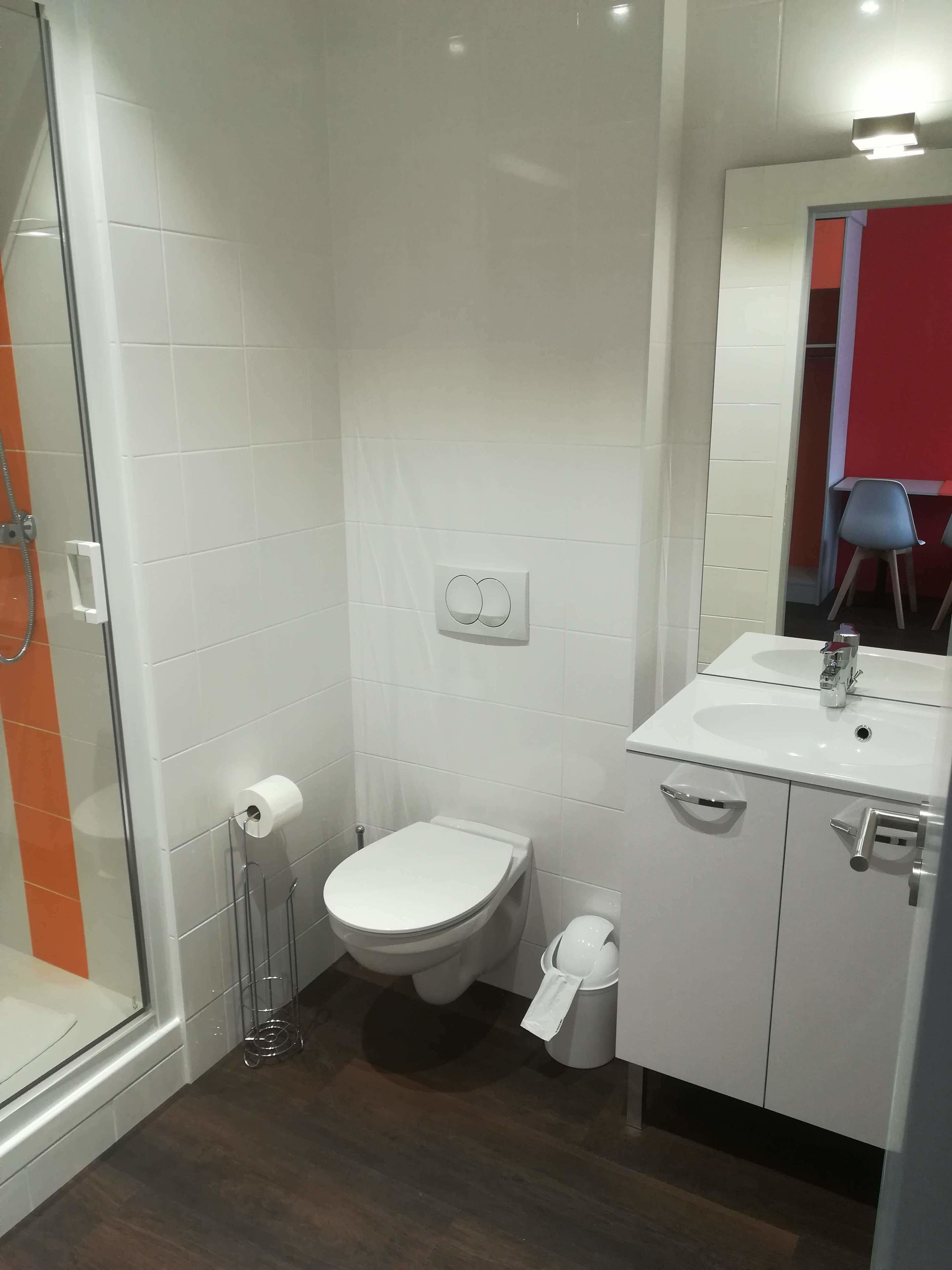Een moderne badkamer met een douchecabine van glas, een toilet, een wastafel met spiegel en een prullenbak.