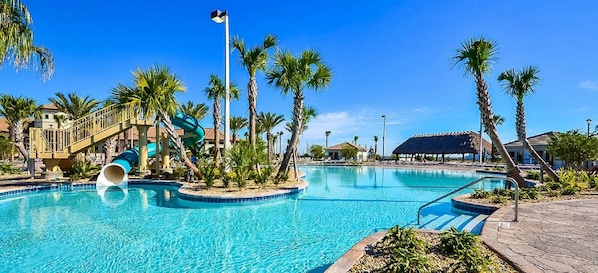 A heated pool, sun loungers