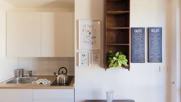 Frigorífico, microondas, placa de cocina y cafetera o tetera