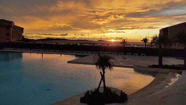A swimming pool with lounge chairs and palm trees, set against a sunset sky. - Very beautiful T2 on the ground floor with trees, swimming pool, sea view, shops and beach  (Six-Fours-les-Plages)