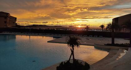 Very beautiful T2 on the ground floor with trees, swimming pool, sea view, shops and beach