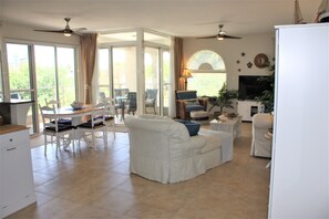 Smart TV, DVD player, books, video library