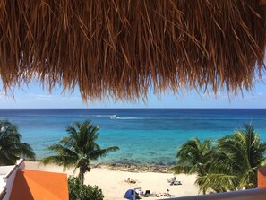 On the beach, sun-loungers, beach towels