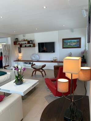 Televisión, chimenea, tenis de mesa y estéreo 