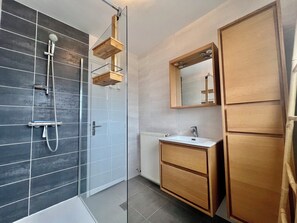 Shower, hair dryer, towels