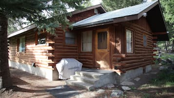 A log cabin with a wooden door, windows, and a covered porch area.
