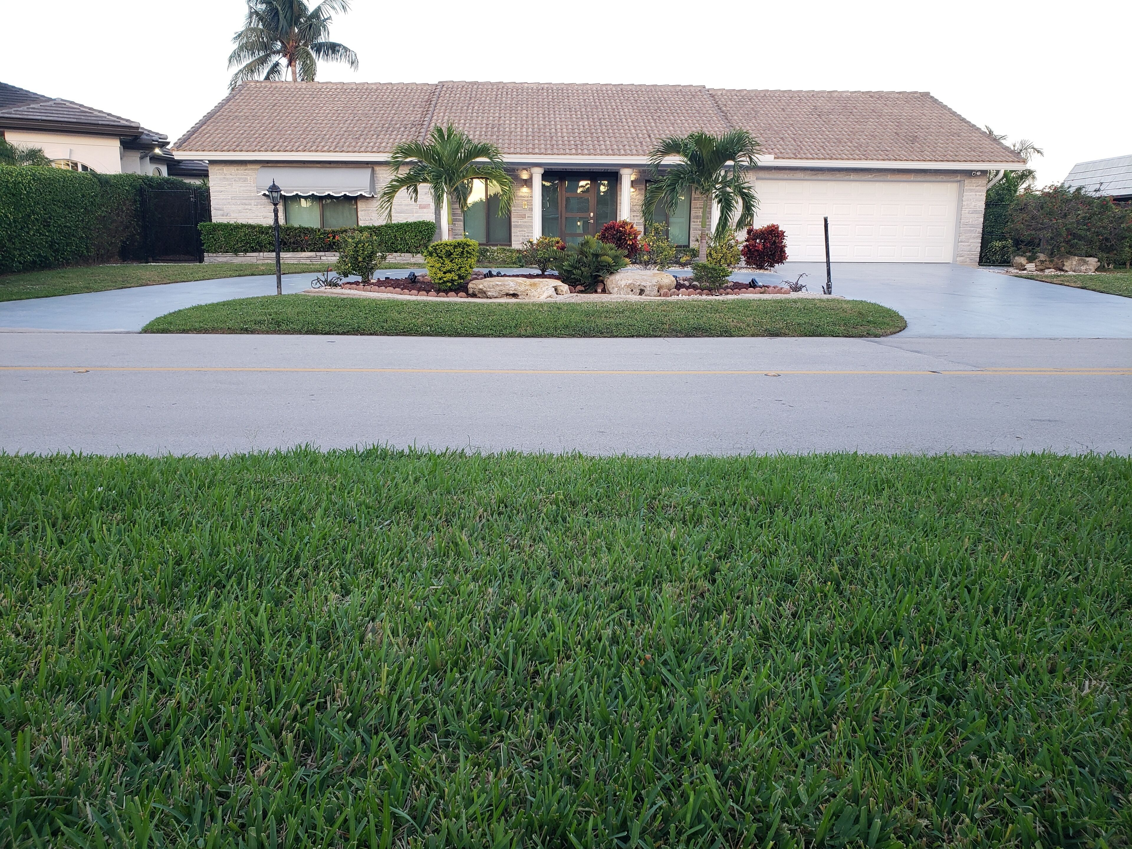 A residential house with a driveway, a lawn, and a well-maintained garden with various plants and a palm tree.