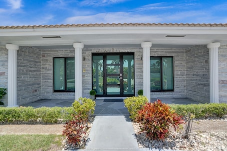 Exterior detail. Pet Friendly Oceanfront Home Heated Pool & Boat Dockage Short walk to Beach