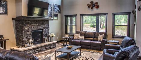 Télévision, cheminée, lecteur de DVD, vidéothèque