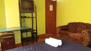Una habitación con una cama, un sofá marrón, un televisor sobre un mueble y una puerta.