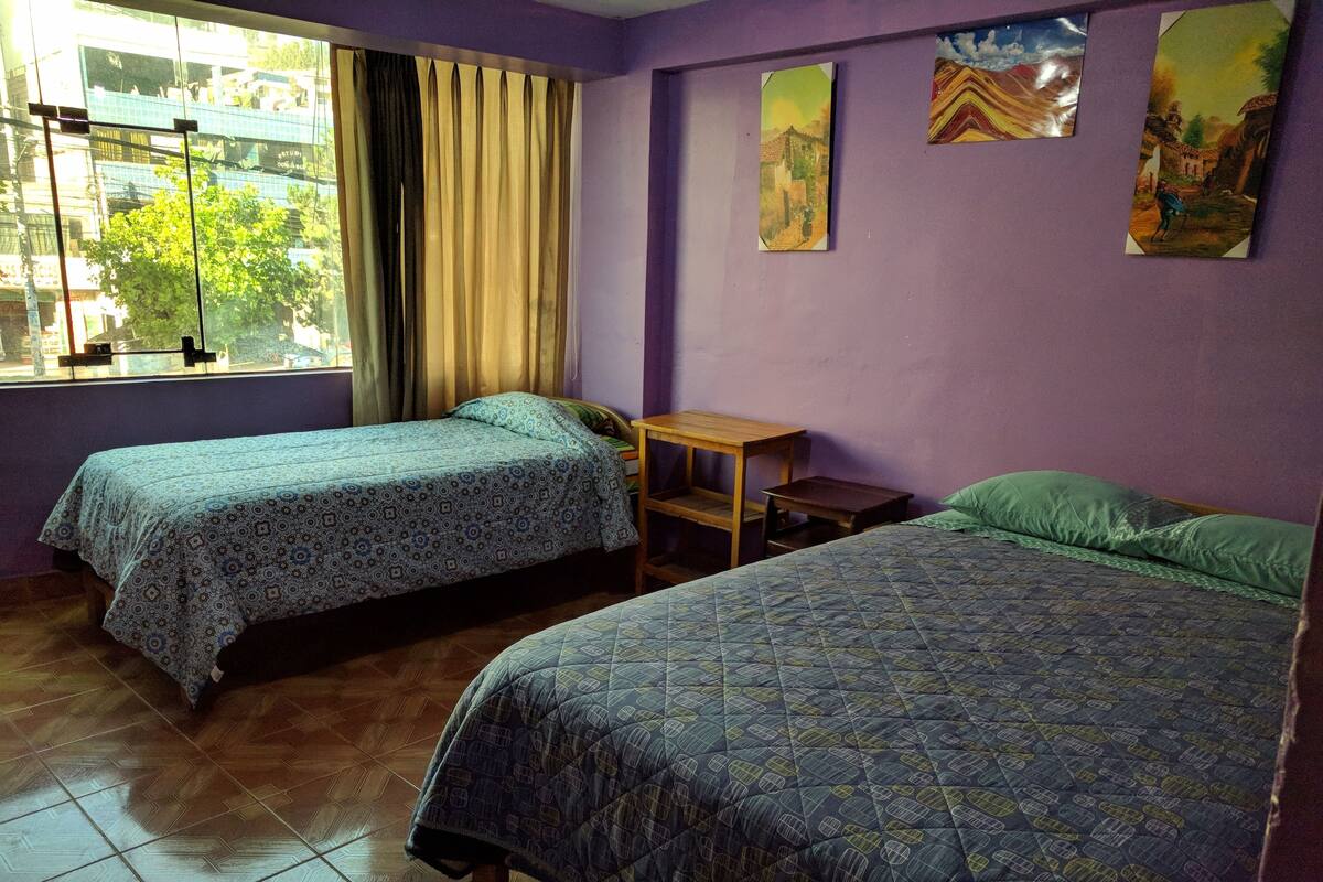 Une chambre avec deux lits, une fenêtre avec des rideaux, une petite table en bois et un mur orné de trois tableaux.