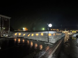 Uma estrada coberta de neve com um edifício ao fundo.