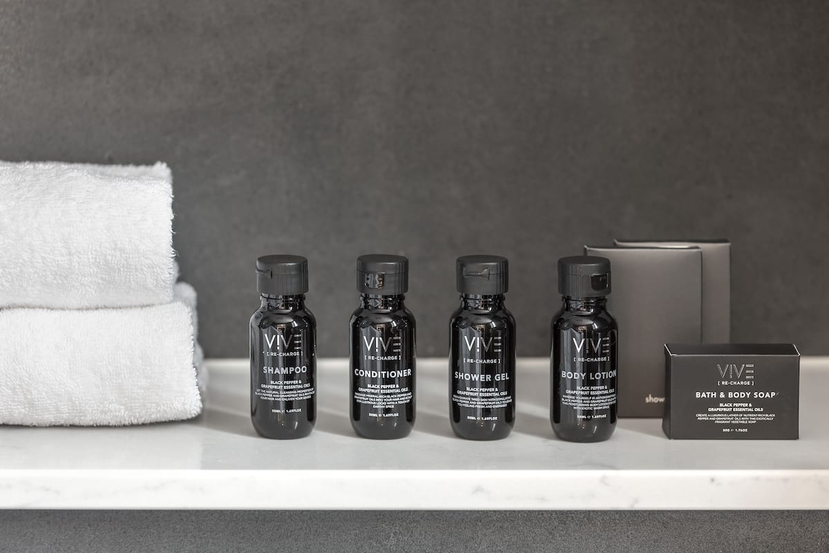 free toiletries, hair dryer, towels, soap