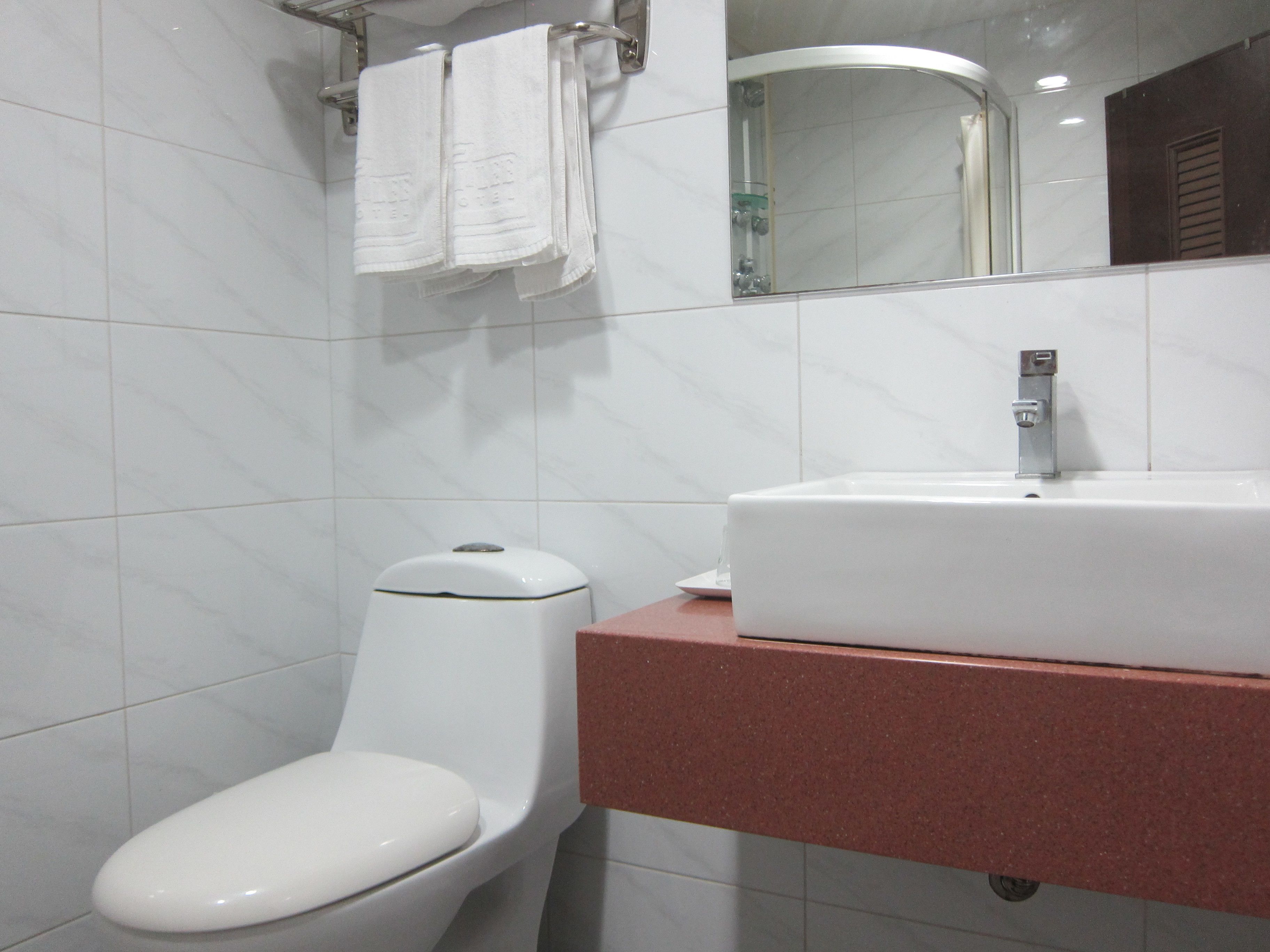 A bathroom with a toilet, a sink, and a mirror.