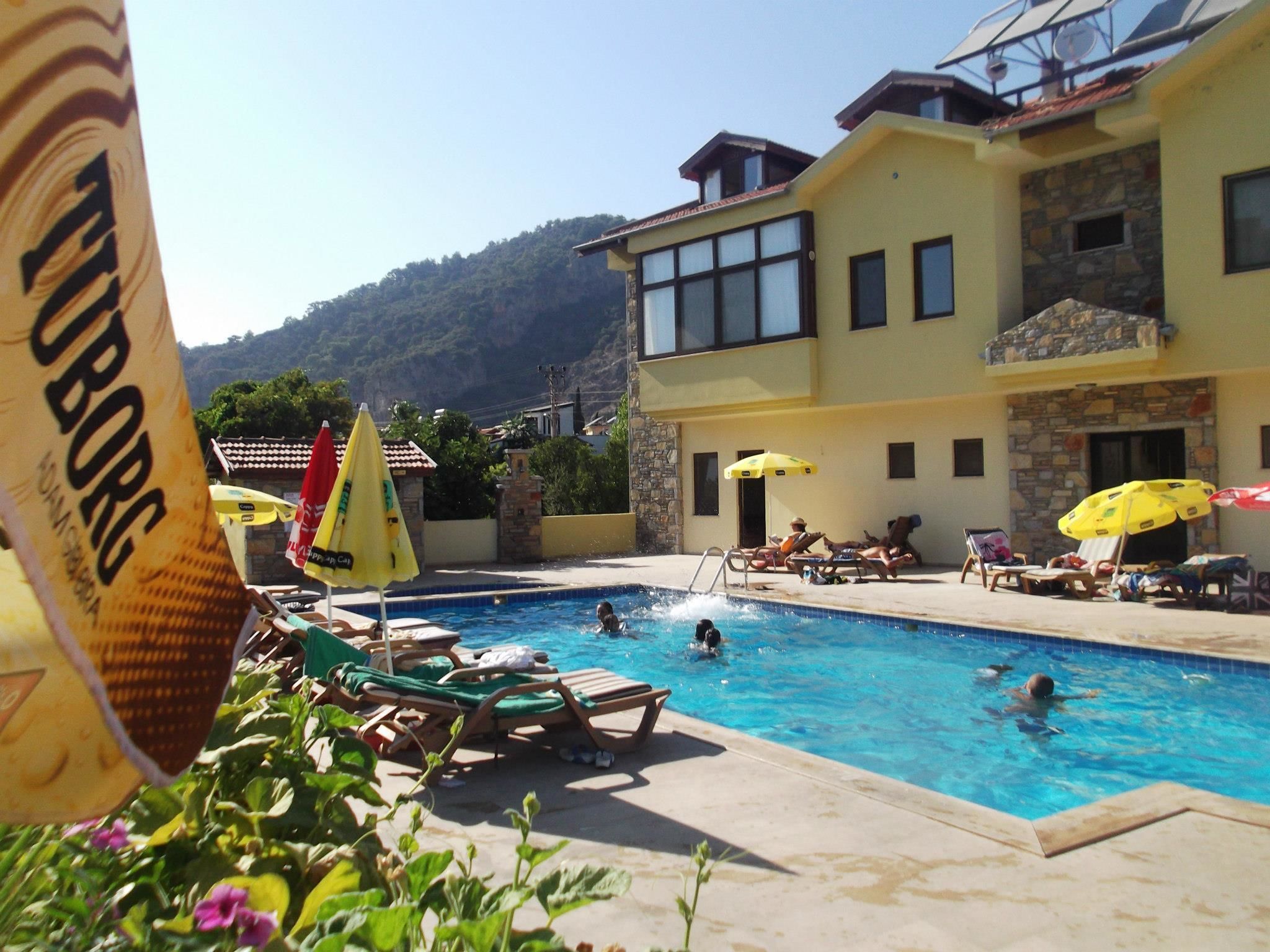 Outdoor pool, pool umbrellas, pool loungers