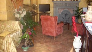 Un salon comprenant un canapé, un fauteuil rouge, un téléviseur, une cheminée et divers objets de décoration.