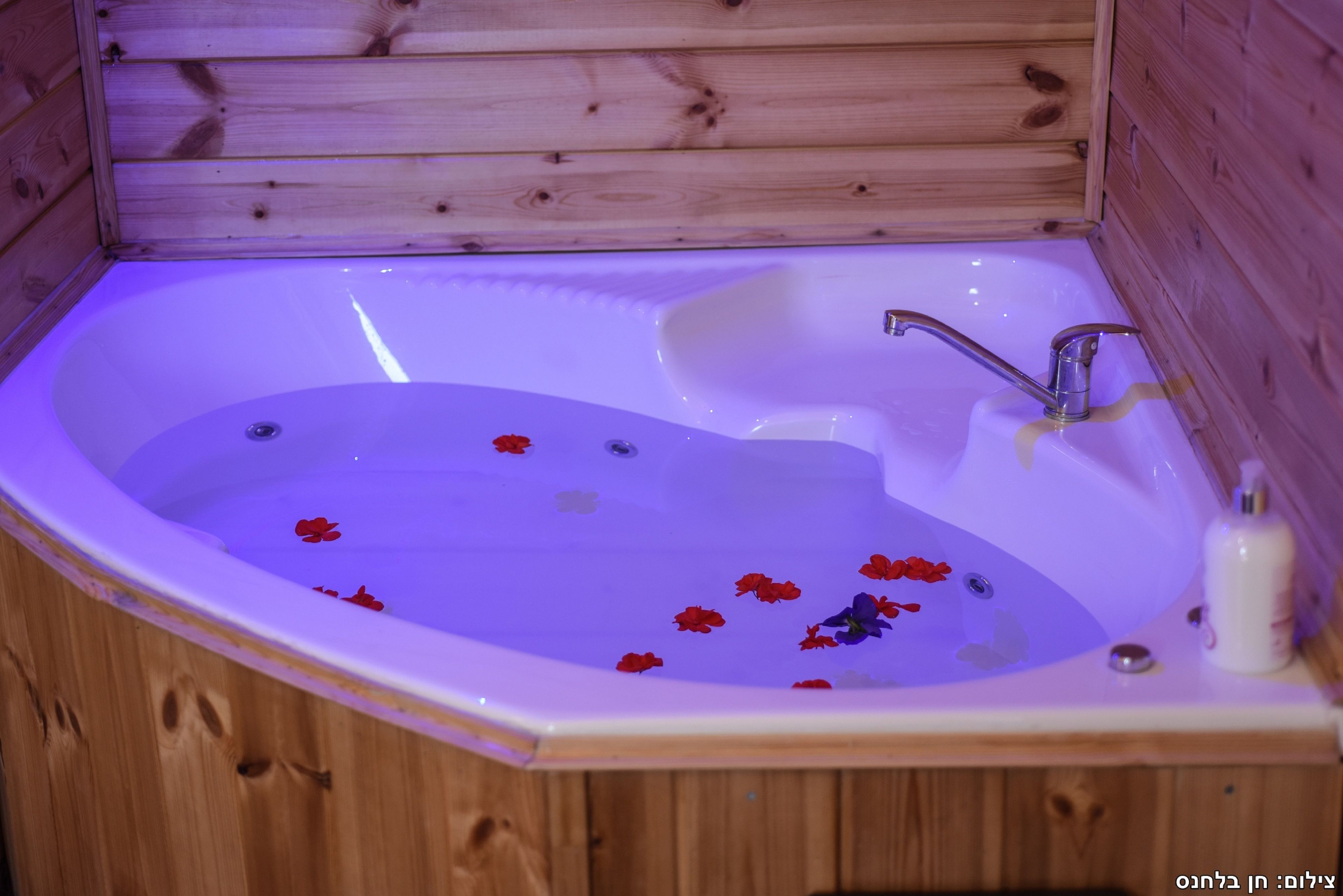 A wooden cabin with a bathtub containing red flowers.