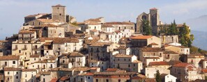 A densely packed historic town with medieval architecture, including a prominent tower and a church with a large circular window.