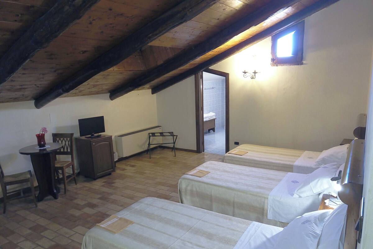 A room with two beds, a desk with a computer, a chair, and a small table with a vase.