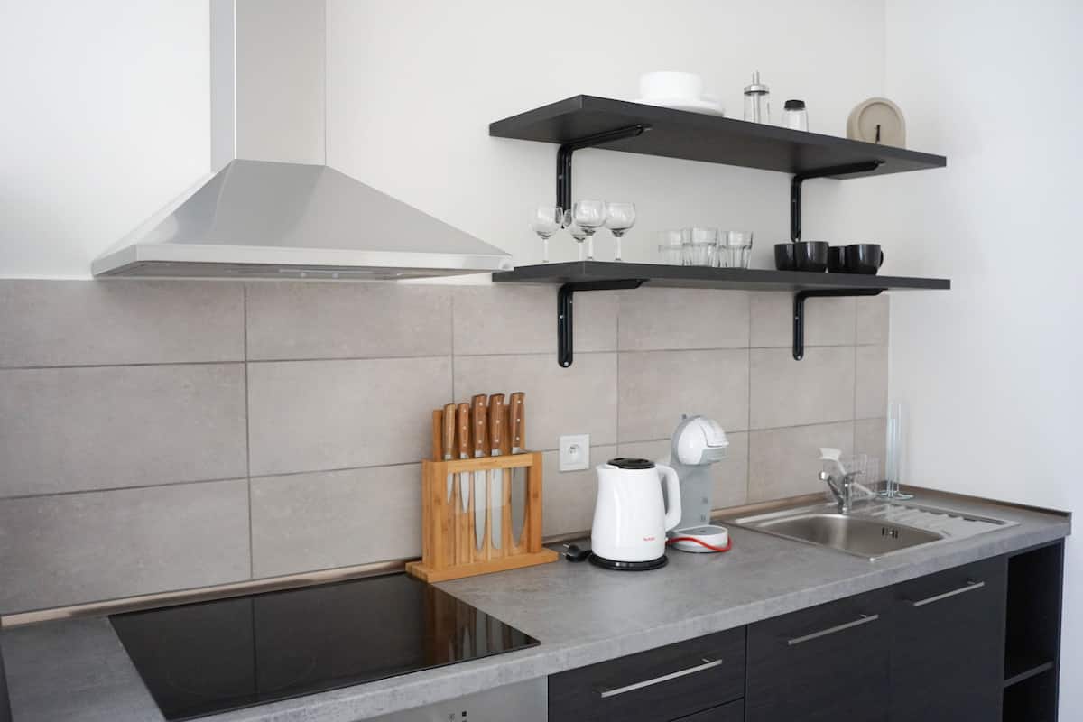 Apartamento Premium, 1 habitación, cocina | Cocina privada | Frigorífico, horno, placa de cocina y hervidor eléctrico