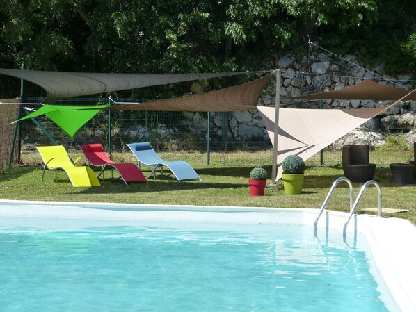 Seasonal outdoor pool, sun loungers