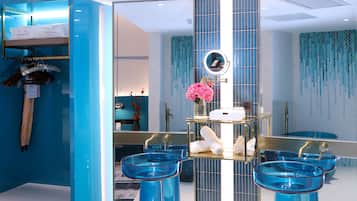 Separate tub and shower, rainfall showerhead, hair dryer, bathrobes