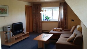 A small living room with a sofa, a coffee table, a television, and a window with curtains. - Landhaus Vesper (Lichtenfels)