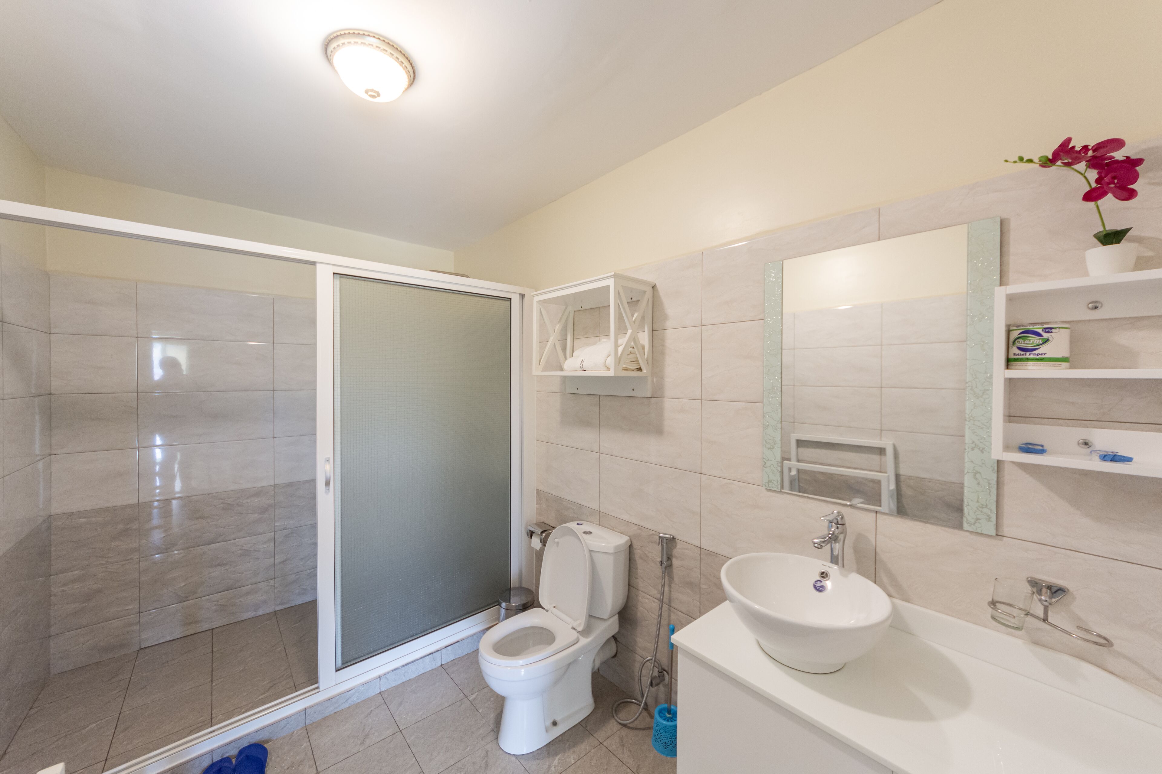 A modern bathroom with a shower, toilet, and sink.
