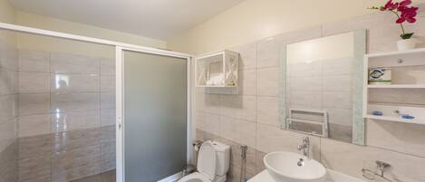 A modern bathroom with a shower, toilet, and sink.