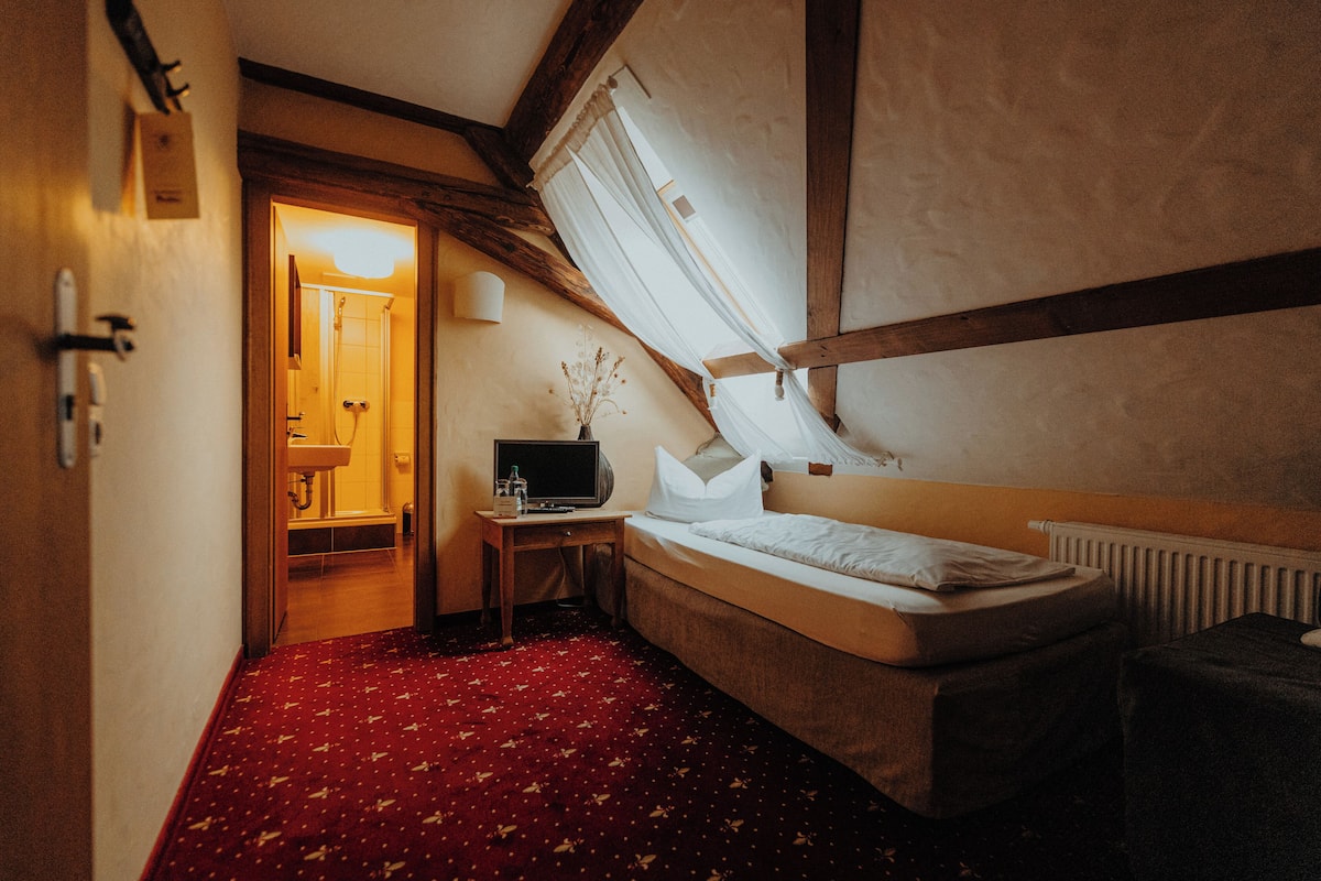 A narrow room with a bed, a small table with a television, and a bathroom visible through an open door.