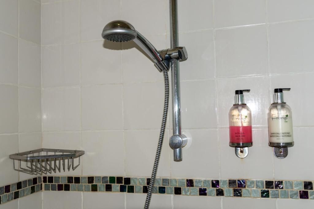 A shower with a handheld showerhead, a metal rack, and two bottles of shampoo and conditioner on the wall.