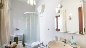 Een badkamer met douche, toilet, wastafel en een grote spiegel.