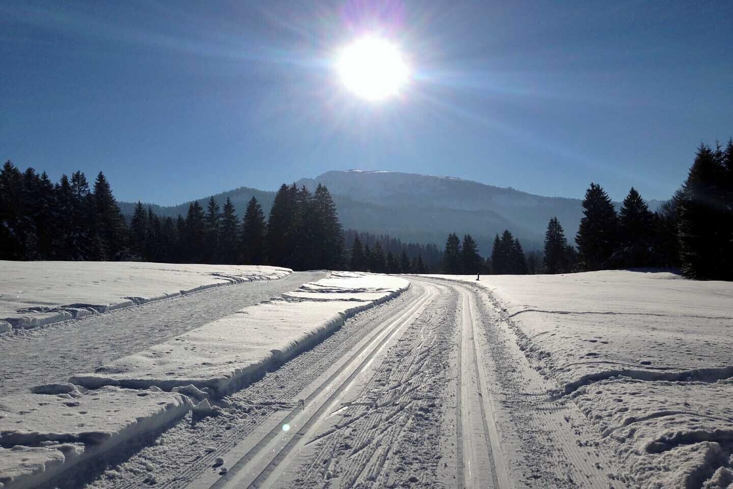 A snow-covered road with tire tracks leading towards a mountain range under a clear sky.