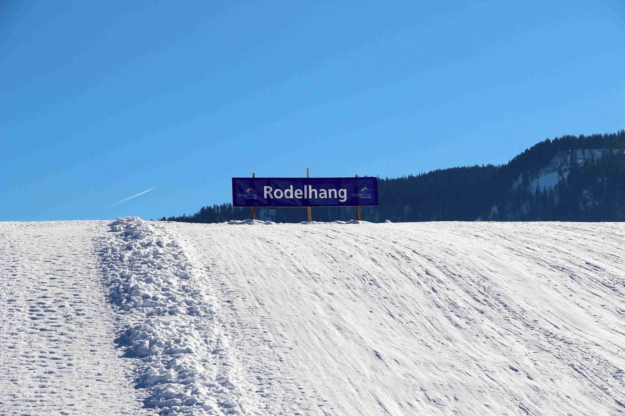 A snow-covered slope with a sign reading "Rodelhang".