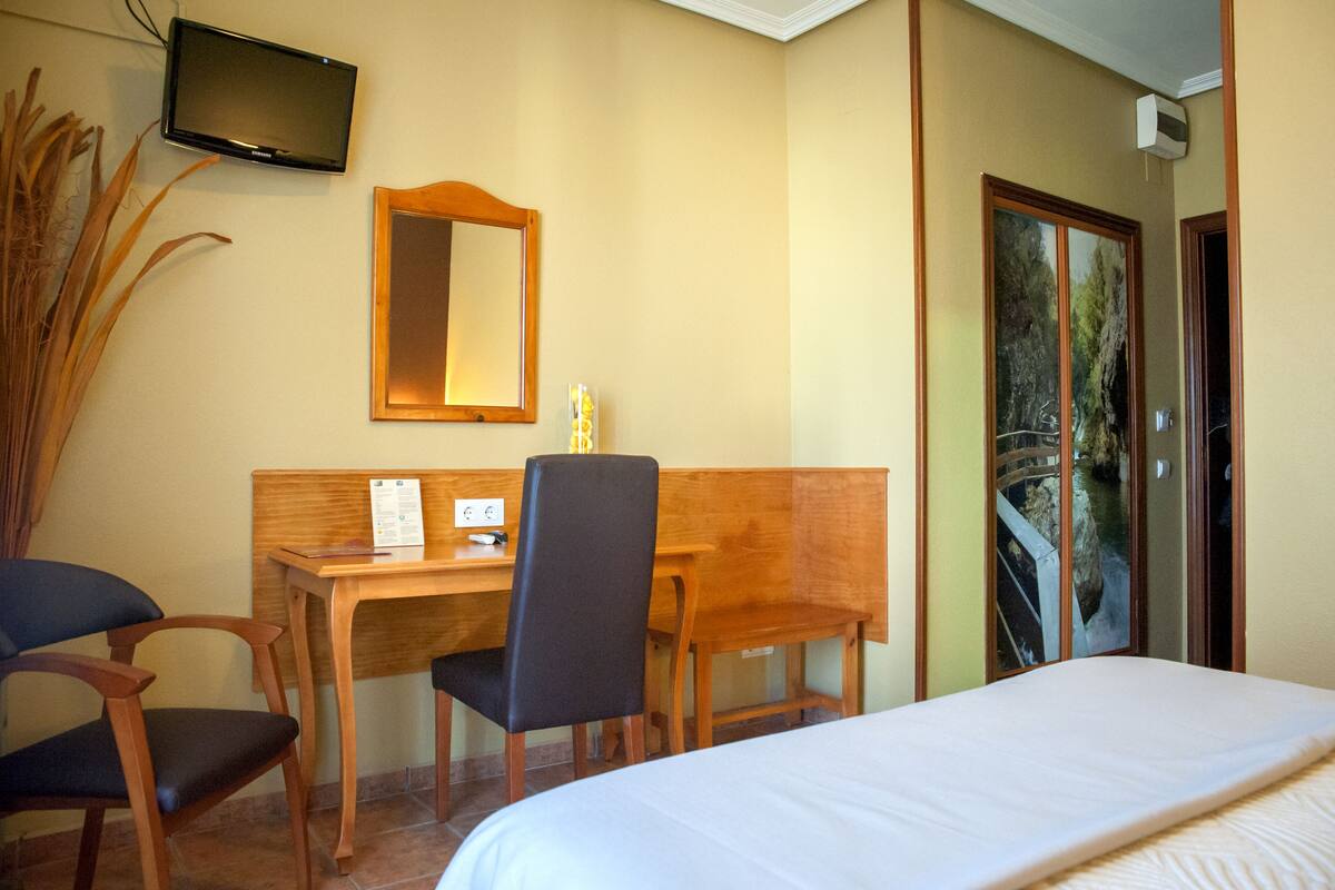 Une chambre d’hôtel avec un lit, un bureau en bois, une chaise, une télévision et un miroir.
