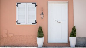 Fachada de edificio con una puerta blanca, una ventana con contraventanas, una lámpara de pared y dos macetas con plantas.