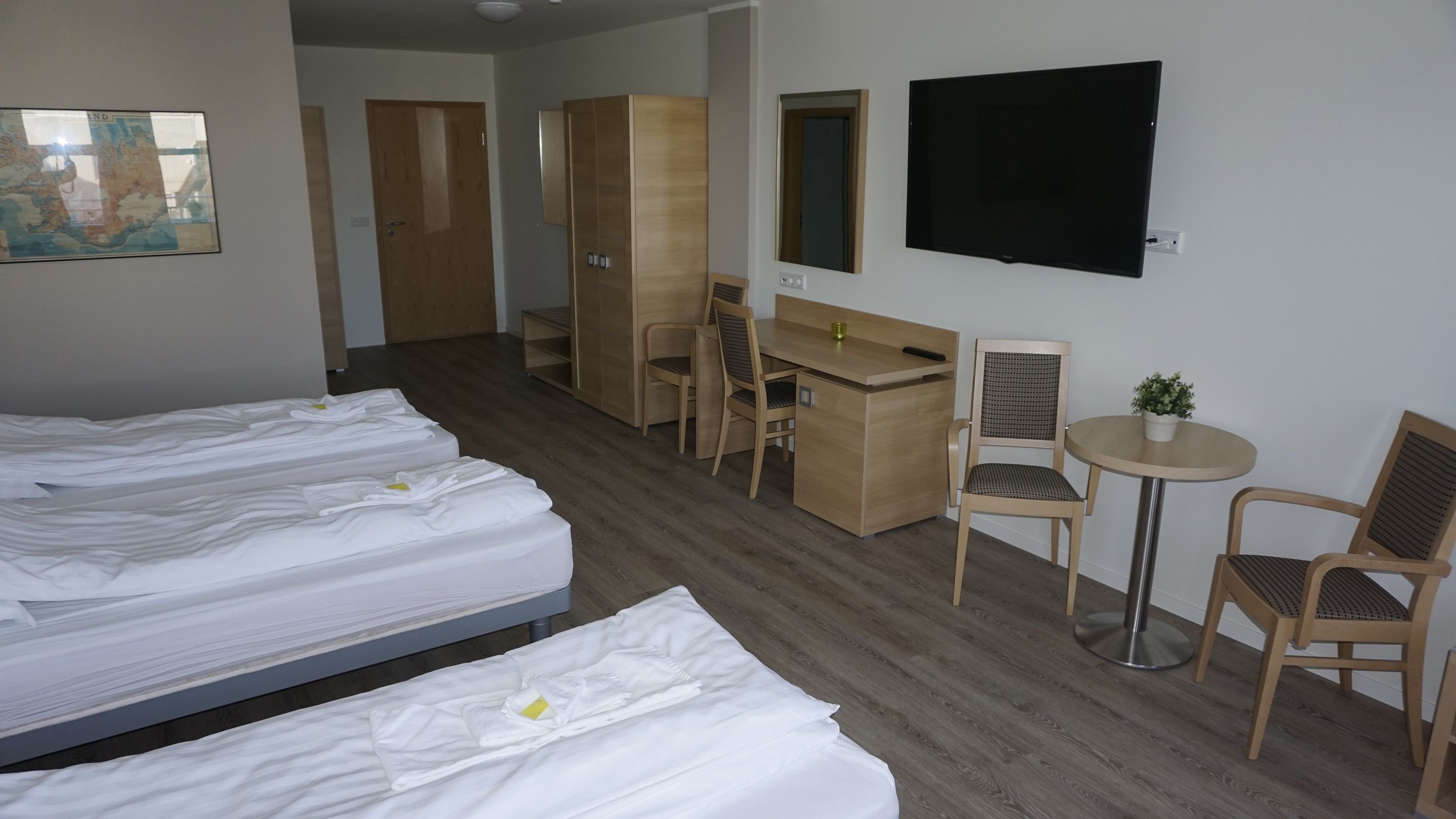 A hotel room with two single beds, a desk, a chair, a small table with a plant, and a TV on the wall.