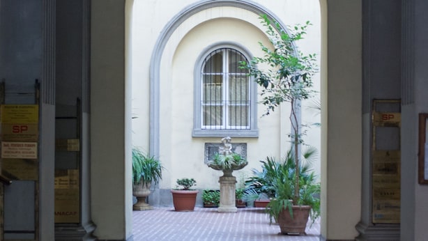 An arched corridor with a tiled floor, potted plants, and a window with bars. - Angelina B&B Dimora Contemporanea (Rome)