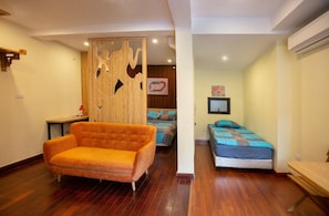 2 bedrooms, desk, blackout curtains, iron/ironing board