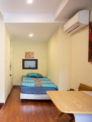 2 bedrooms, desk, blackout curtains, iron/ironing board