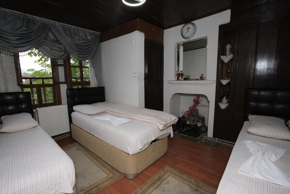 A bedroom with two beds, a large window with curtains, a mirror, and a fireplace.